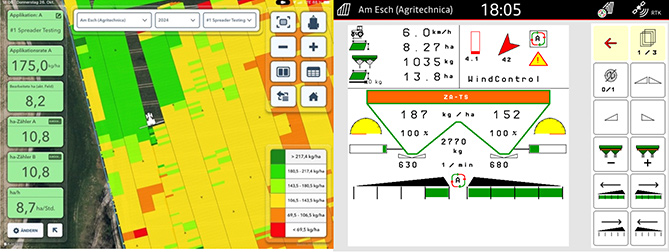 FieldView Cab App visualisiert die Applikationsmenge je Streuteller (links) wie vom Amazone ZA-TS appliziert und auf dem AmaTron 4 gezeigt (rechts)