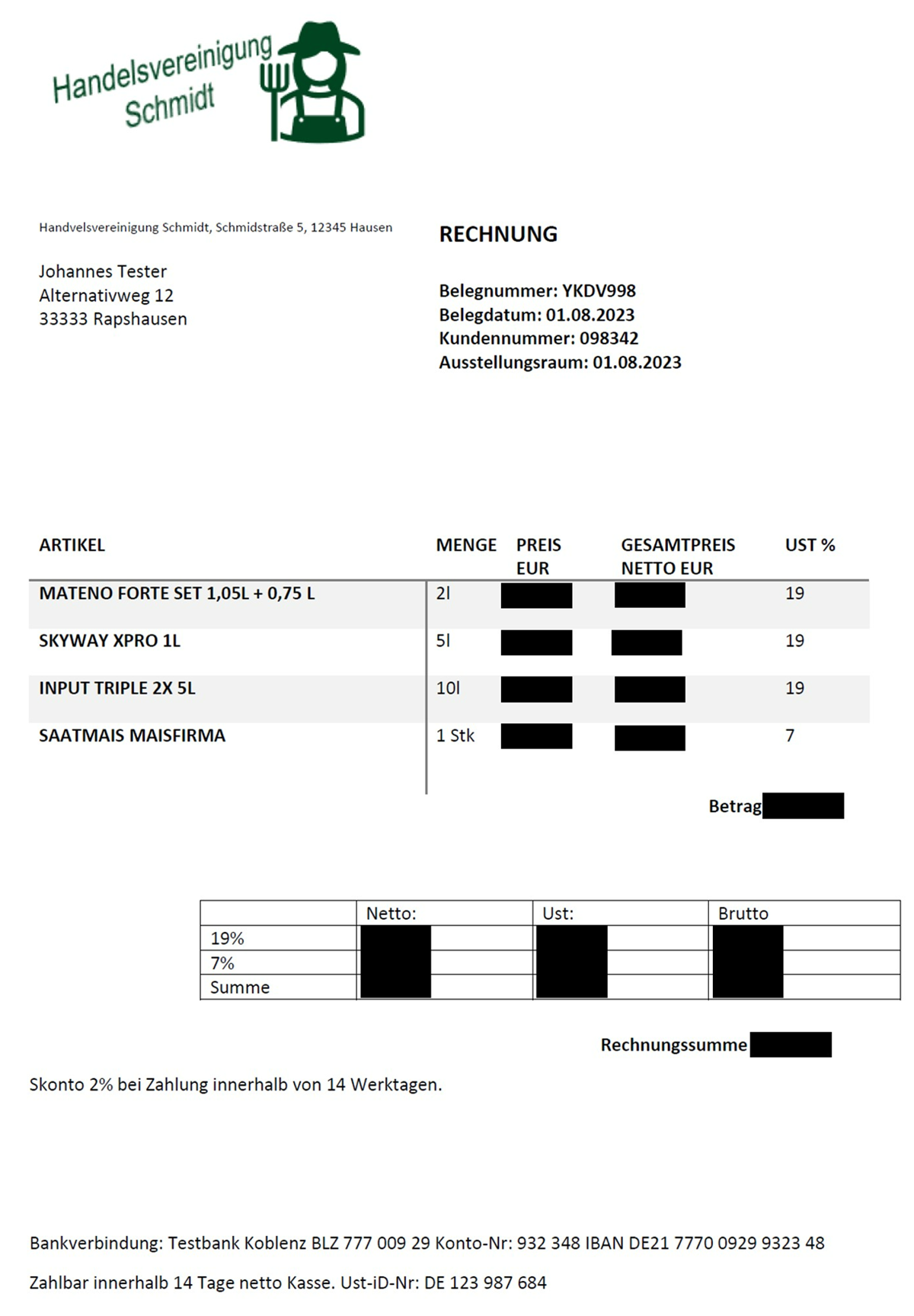 Geschwärzte Rechnung