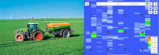 Amazone ZG-TS ausgerüstet mit WindControl (links) und die Visualisierung der Sensordaten in der FieldView Cab App
